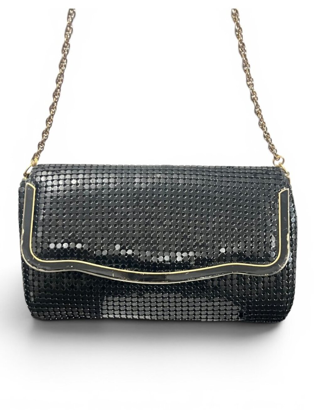Vintage Black Mesh Shoulder Bag With Gold Chain & Accents Evening Clutch
